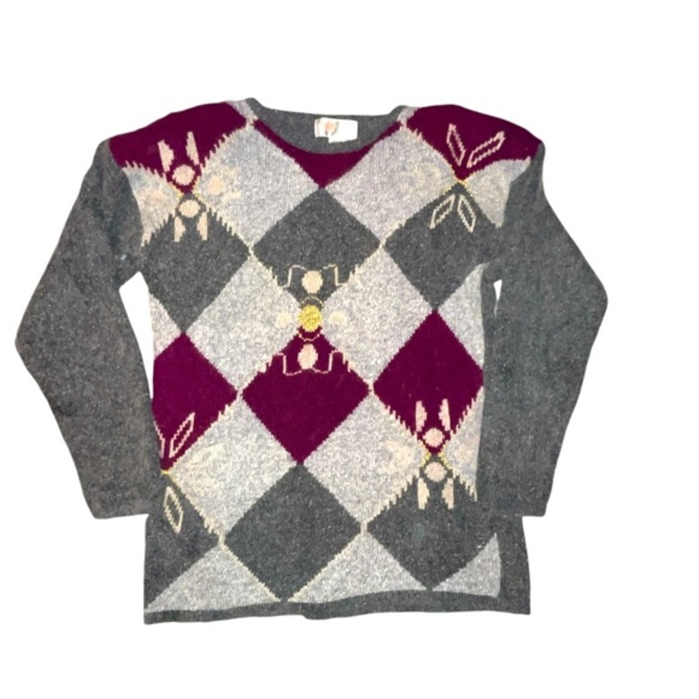 Vintage Premier Moda Silk Angora Wool Blend Argyle Sweater Size Medium